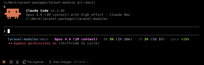 Claude Code status line showing repository, model, usage percentages, and pace indicator