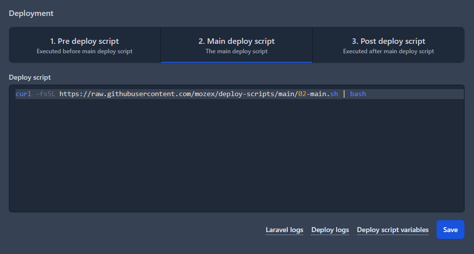 Ploi.io deployment interface showing three script phases: Pre deploy, Main deploy, and Post deploy