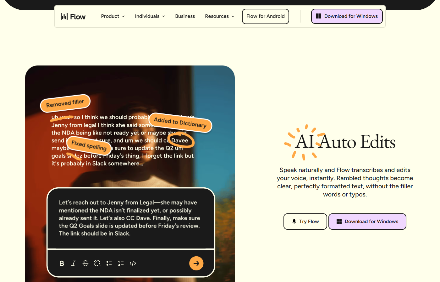 Wispr Flow AI Auto Edits transforming messy speech with filler words into clean, polished text